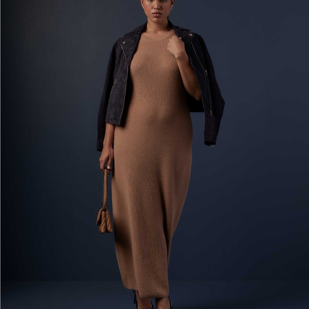 Quince Mongolian cashmere sleeveless sweater  midi dress in camel